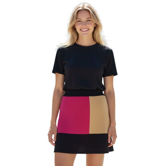 Ann Taylor LOFT Size XXS Mini Sweater Skirt Wool Color Block Black Deep Pink Tan - Picture 1 of 7